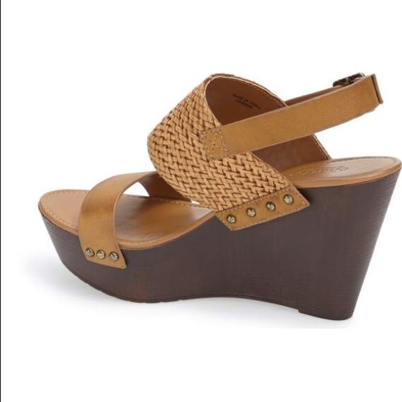 Tan Double Straps Chic Leather Platform Wedges - Picture 5 of 6